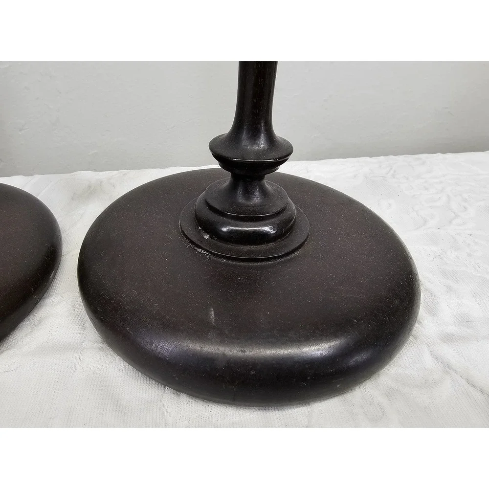 Antique 1900's Dark Wood Candlestick Holders Pair Ornate Brass‎ Top Elegant